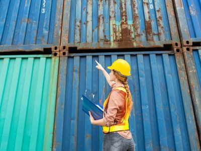 Female logistic worker checking container at site